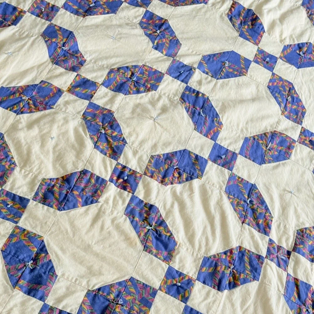 VTG Handmade Patchwork Quilt Throw Twin Purple Cream Tied Cottagecore 1990